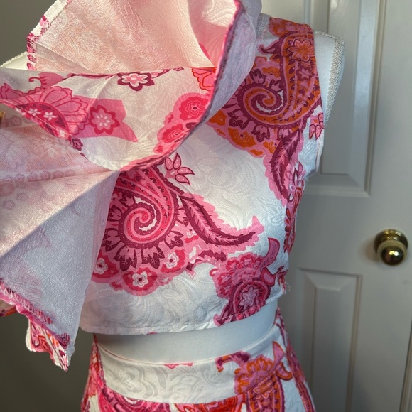 NWOT Two-Piece Ruffle Crop Top & Mini Skirt Set – Pink Paisley Print Size L - Picture 9 of 12